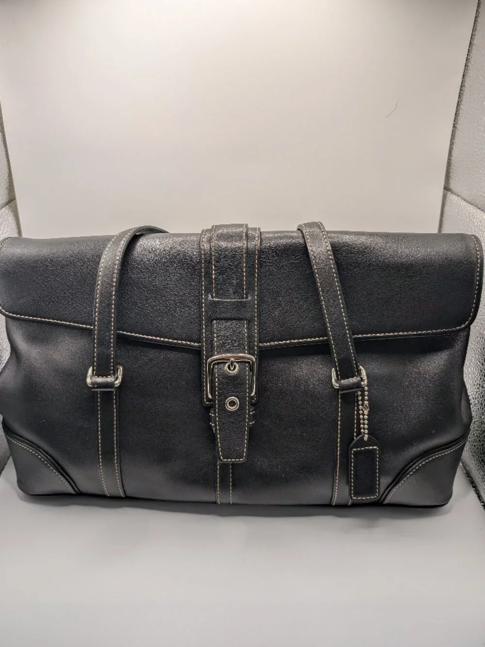 Coach Hampton Satchel Khaki Canvas Black Leather Trim Shoulder Bag